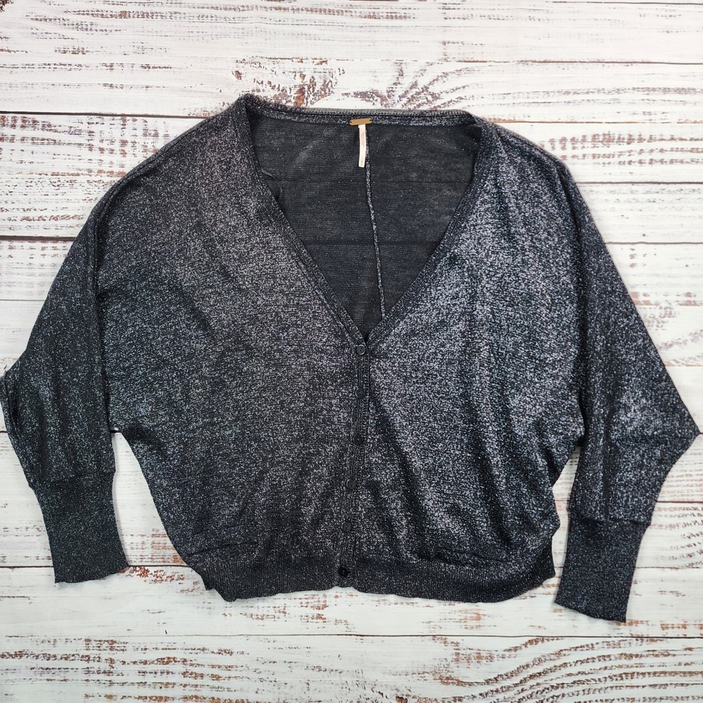 Free People Metallic Knit Cardigan Sweater Silver Black V-Neck Slouchy Womens M
